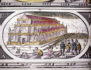 Representation av antikens sju underverk: Dianatemplet (Artemis) i Efesos. i Janssons atlas Jannsonius tryckt i Amsterdam 1630. Privat samling.