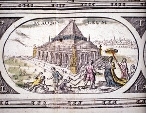Representation av antikens sju underverk: Halikarnassos mausoleum. i Atlas av Jansson Jannsonius tryckt i Amsterdam 1630. Privat samling.