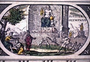 Representation av antikens sju underverk: statyn av Jupiter (Zeus) av Phidias - i ""Atlasen"" av Jansson Jannsonius, tryckt i Amsterdam 1630