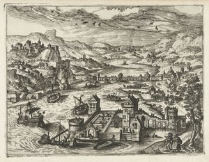 Flodlandskap med vallgravsslott Landskap, havslandskap och fantasifulla stadsbilder (serietitel)