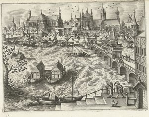 Stadsbild med bro och hamn Landskap, havslandskap och fantasifulla stadslandskap (serietitel)