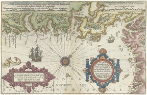 Karta över Norges och Sveriges kust mellan Merdøy och Uddevalla Custe van Noorweghen, med det landar van Noordt öster i dess väsen och formen (...) (titel på objektet)