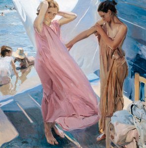 ""Apres le bain"" (Efter badet) två unga flickor byter om efter att ha badat i havet Målning av Joaquin Sorolla y Bastida (1863-1923) - 1909 - Olja på duk - Museo Sorolla Madrid
