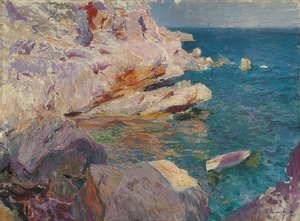 Jávea stenar med vit båt. 1905 av Joaquín Sorolla