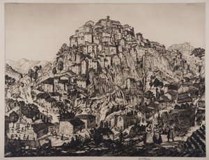 Vy över Anticoli Corrado med bondkvinnor i förgrunden (gravyr och torrnål)