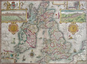 Karta över kungariket Storbritannien och Irland, 1610 (handfärgad gravyr)