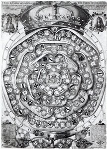 The Union of the Roses of the Familys of Lancaster and York, 1589 (plåtgravyr) av Jodocus Hondius