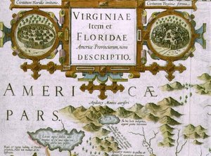 Titelkartouche och infällningar, detalj på kartan över North Carolina med titeln Virginiae item et Floridae, från Mercator Atlas... från 1606, pub. av Jodocus Hondius, 1619 (handfärgad gravyr) (se även