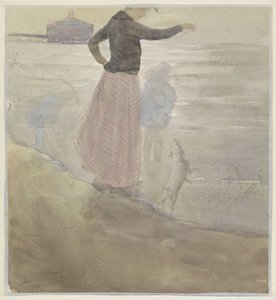 Kvinna med två barn och en hund på stranden