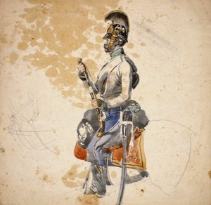 En soldat från 5:e dragonregementet visas ladda sin hästpistol, 1840-1850 (penna och vattenfärg)