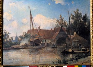 Holländskt landskap med en stor båt tätande målning av Jean Barthold Jongkind (1819-1891) 1857 Sön. 0,42x0,56 m av Johan Barthold Jongkind