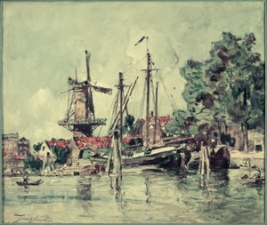 I Holland, båtarna nära bruket av Johan Barthold Jongkind