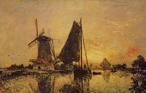 I Holland, båtar vid en väderkvarn, 1868 av Johan Barthold Jongkind
