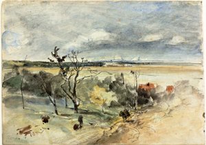 Landskap med man på en åsna (recto) Två kvinnor på ett kafé (verso) av Johan Barthold Jongkind