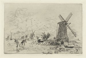 Landskap med väderkvarnar och skridskoåkare Batavia av Johan Barthold Jongkind