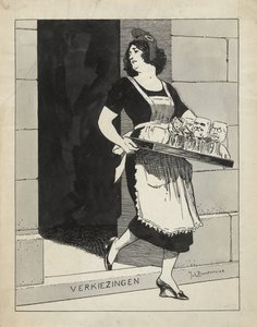 Design för illustration i De Amsterdammer: Den holländska jungfrun som piga med en bricka med glasögon snubblar över steget Val (17 maj 1924)