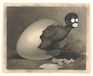 Design för illustration i De Amsterdammer: en svart man kläcks ur ett ägg (19 april 1930)