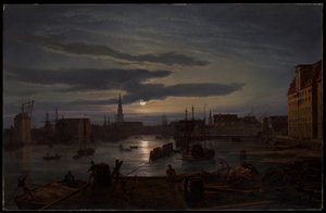 Köpenhamns hamn i månsken av Johan Christian Dahl