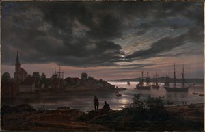 Norska:  Larviks hamn i månsken Larvik i månsken av Johan Christian Dahl