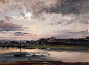 Elbe och Dresden Neustadt i kvällsljuset / Elbe och Neustadtbanken i Dresden i kvällsljus av Johan Christian Dahl