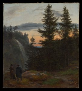 Två män framför ett vattenfall vid solnedgången av Johan Christian Dahl