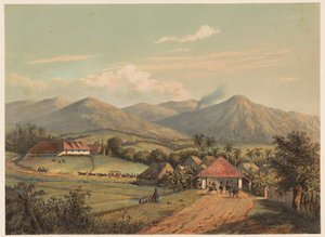 Utsikt över vägen mellan Buitenzorg och Preanger Den stora vägen från Buitenzorg till Preanger-regenterna. (titel på objekt) av Johan Conrad Greive