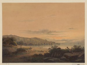 Utsikt över en vik i Java Den lilla bukten Srigonjo, South K. v. Java (Malang regency, resid. Passarouang.) (titel på objekt) av Johan Conrad Greive