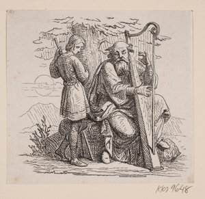 En gammal harpist och en pojke under ett träd