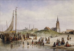 Fiskare på en strand med en stad bortom, 1857 av Johan Gerard Smits