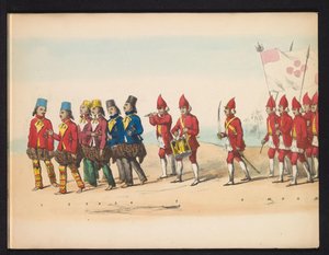 Masquerade of the Delft Students, 1857 (skylt 1) Klädd procession som hölls av medlemmarna i Delfts studentkår den 5 maj 1857, föreställande Sultanen av Djokjokartas Garebeg-procession och de mest karakteristiska typerna från Nederländerna.