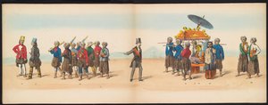 Masquerade of the Delft Students, 1857 (skylt 5) Klädd procession som hölls av medlemmarna i Delfts studentkår den 5 maj 1857, föreställande Sultanen av Djokjokartas Garebeg-procession och de mest karakteristiska typerna från Nederländerna.