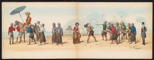 Masquerade of the Delft Students, 1857 (skylt 6) Klädd procession som hölls av medlemmarna i Delfts studentkår den 5 maj 1857, föreställande Sultanen av Djokjokartas Garebeg-procession och de mest karakteristiska typerna från Nederländerna.