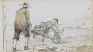 Landskap med en man som knuffar en pojke på en kärra av Johan Hendrik Weissenbruch