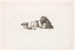 Kvinna som mjölkar en ko, med nötkreatur och får. av Johan Jakob Biedermann