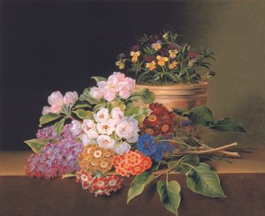 Syren, äppelblom, blåklint och söta Williams med en kruka med altfioler på en avsats, 1827