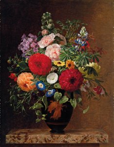 Syren, äppelblom, blåklint och söta Williams med en kruka med altfioler på en avsats, 1827