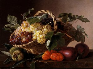 Stilleben med auberginer, tomater, kastanjer och vindruvor. Målning av Johan Laurentz Jensen (1800-1856) Privat samling.