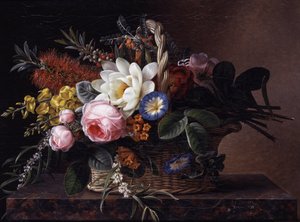 Stilleben med callistemoner, liljor, ginst, rosor och convulvus. Målning av Johan Laurentz Jensen (1800-1856) Privat samling.