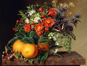 Apelsiner, björnbär och en vas med blommor på en avsats, 1834