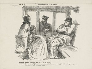 Tecknad film om de många olyckorna på Rhijnspoorweg, 1866 Från Amsterdam till Arnhem (titel på objekt)