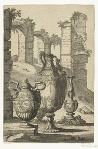 Tre vaser och en ljusstake Materiem superabat opus (titel på objekt) Vaser och ljusstakar (serietitel) av Johan Teyler (attributed to)