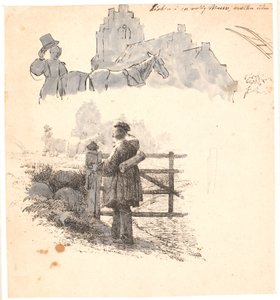 Kvällstid. F.o. studie av bonden vid kyrkan. Illustration till Kaalunds "Fabler för barn". Se kommentar från arkkatalog. av Johan Thomas Lundbye