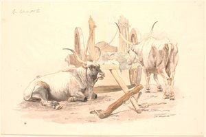 En liggande och en stående oxe vid sin vagn av Johan Thomas Lundbye