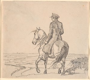 En ryttare sedd snett bakifrån ridande mot vidsträckta landskap av Johan Thomas Lundbye