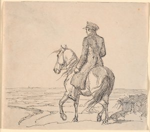 En ryttare sedd snett bakifrån ridande mot vidsträckta landskap av Johan Thomas Lundbye