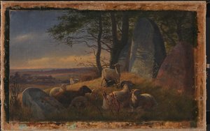 Kvällsscen med får på en hög av Johan Thomas Lundbye