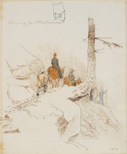 Gående och ridande resande på en bergsstig ovanför ett litet manshuvud sett bakifrån av Johan Thomas Lundbye