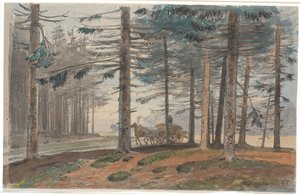 Granskog med en väg som en häst och vagn kör på med ett lass ved. I bakgrunden ett glänta i skogen av Johan Thomas Lundbye