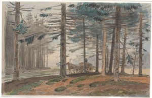 Granskog med en väg som en häst och vagn kör på med ett lass ved. I bakgrunden ett glänta i skogen av Johan Thomas Lundbye