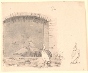 Kycklingarna och ankorna. Th. studie av en anka som njuter av regnet av Johan Thomas Lundbye